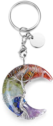 CrystalTears Mond Anhänger Schlüsselanhänger Lebensbaum Wire Wrap Chakra Steine Neumond Pendant Keychain Reiki Edelstein Talisman Taschenanhänger