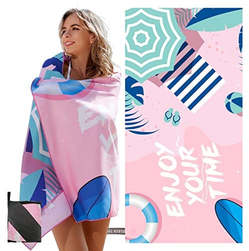 ZOOAOXO Strandtuch mit UV-Etiketten, Strandtuch Mikrofaser, Sandfrei, Geeignete Größe (160 × 80 cm), Schnell Trocknend, Weich und Hautfreundlich, Elastisches Seil-Design, Aufbewahrungstasche, Rosa