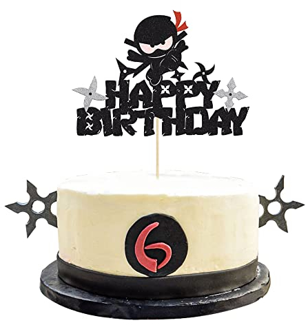 1Pc Ninja Happy Birthday Cake Topper Black Glitter Martial Arts Cake Decorations Karate Kung Fu Warriors Pick Ninja Theme Baby Shower Kids Birthday Party Cake Decorations Supplies