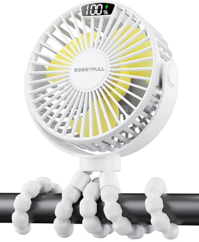 SWEETFULL Tragbarer Kinderwagen-Ventilator mit LED-Display, 4-Gang-wiederaufladbarer Mini-Clip-On-Ventilator, 360° drehbarer flexibler Stativ, besserer Kühlung, kleiner Baby-Ventilator für Autositz