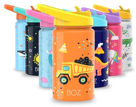 BOZ Gourde Isotherme Enfant avec Paille 414ML, Bouteille d'Eau Anti-fuite pour Boisson Chaude ou Froide, Inox à Double Paroi Isolante et Motif Anti-rayures Avec Poignée, Sans BPA (Construction)