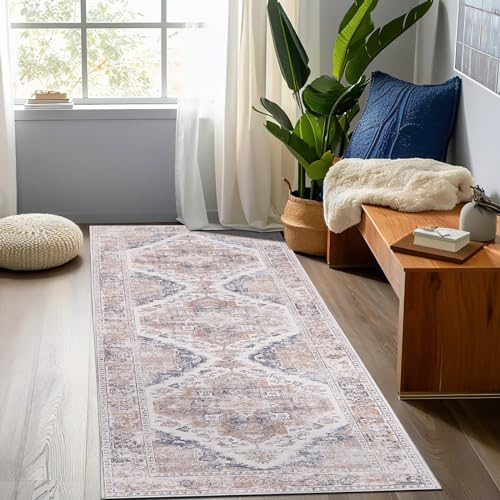 TOPICK Läufer Flur Waschbar Hellrot Küche Läufer Vintage Blume Orientalischer Dünner Faltbar Teppich für Brücken Schlafzimmer Wohnzimmer Tisch rutschfest Teppichläufer Flurteppich 60x300cm