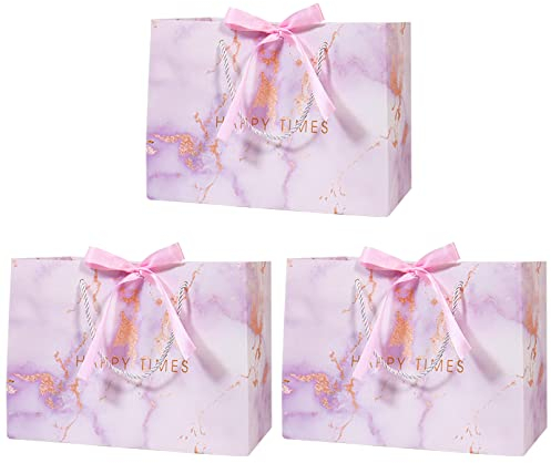 3 Stück Geschenktüten mit Henkel und Schleifenbändern, 36× 25× 12cm Geschenktüte Geburtstag Geschenktüte aus Papier für Geburtstag, Hochzeit, Brautparty, Babyparty(Rosa 1)