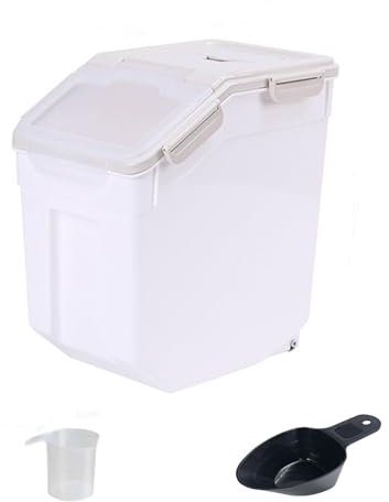 Begino Large Flour Storage Container Bin 25lb, Airtight Rice Storage Containers with Wheels Seal Locking Lid, BPA Free with Measuring Cup&Scoop for Flour, Rice, Grain(Gray)
