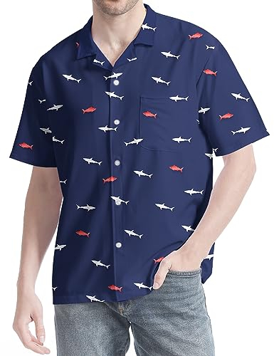 GADZILLE Hawaii-Hemd für Herren, lässiges Button-Down-Shirt, kurzärmelig, Aloha-Strand-Shirt, Partyhemd, Hai, L