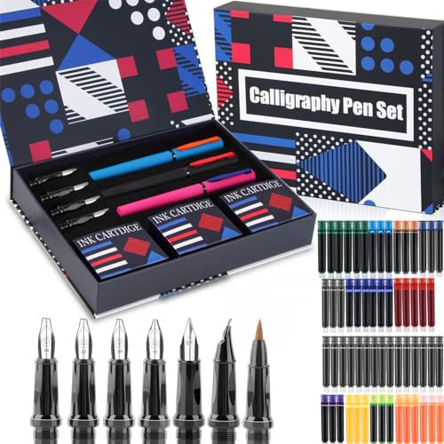 DTianSir Calligraphy Pen set,Fountain Pens with 7 Different Replaceable Nibs with 60 Ink Cartridges(12 Colors),Calligraphy set for Beginner Writing Drawing.
