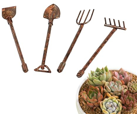 Puppenhaus-Gartenschaufel, 4-teiliges Garten-Set, Schaufel, Rechen und Spaten, Miniatur-Schaufelrechen aus Metall, robuste, kleine Bauernwerkzeuge, kleine Gartenhacke und Rechen für die Dekoration von