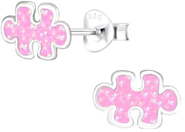 Jigsaw Puzzle Piece Earrings 925 Sterling Silver Pink with Sparkly Effect