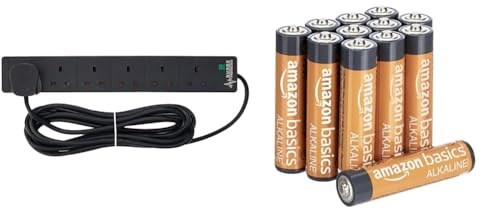 PRO ELEC PELB1755 6 Gang Extension Lead with Surge Protection Black, 5m & Amazon Basics AAA Alkaline Batteries, High-Performance (Triple A), 10-Year Shelf Life, 12-Pack