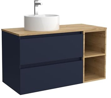 Salgar Mueble de Baño Bequia 100cm + Coqueta 2 Huecos Lado Reversible + Encimera + Lavabo posar| Azul Mate/Roble |100x45x56