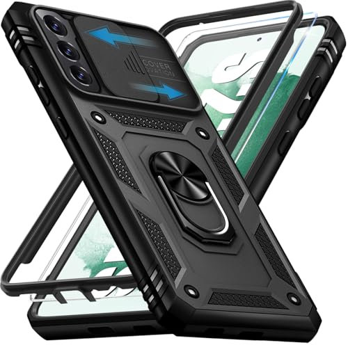 Giyer für Samsung Galaxy S22 Plus Hülle mit Schutzfolie, Handyhülle Tasche mit Kameraschutz 360° Metall Ring Ständer Stoßfest Bumper Schutzhülle Samsung S22 Plus Case Cover (Schwarz)
