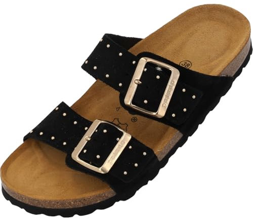 Palado Pantoletten Damen Samos Glint by Sila Sahin - bequeme Sandalen Made in Spain - Hausschuhe mit Kork-Fußbett - modische Sommerschuhe Schwarz UK4,5 - EU37