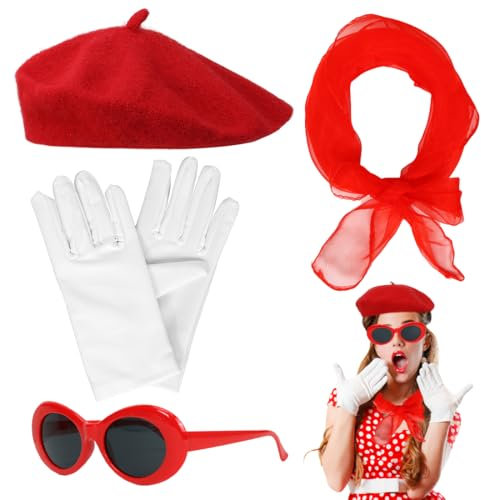 4TLG Rockabilly Accessoires - 50er Jahre Damen Kostüm Set mit Schal, Sonnenbrille, Handschuhe für Fasching, Karneval, Halloween & Cosplay