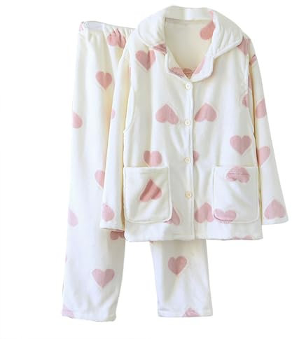 Pigiama Donna Invernale Flanella Pigiama Felpato Donna Caldo Pigiama con Scollo a V Pigiami Stampata Love Due Pezzi da Donna Lungo con Bottoni Morbido e Confortevole Loungewear idee Regalo Natale