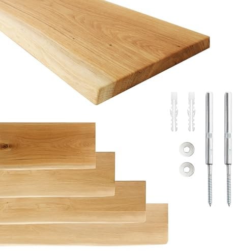 1x Schweberegal LIVE EDGE - Wandmontage - Wand Regal Holz mit unsichtbarer Halterung - Holzbrett Wall Shelf - Bücherregal Holz vorgebohrt - Oak Holzregal für Bücher - Wandregal Eiche (22cm x 200cm)