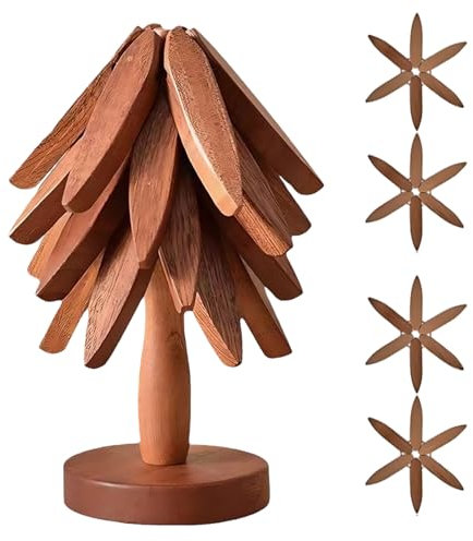 Untersetzer aus Holz für heiße Gerichte, Untersetzer in Baumform, 4 Holzuntersetzer + 1 Ständer wie EIN Weihnachtsbaum aufbewahrt, Untersetzer aus Sapeli-Holz für heiße Töpfe, Pfannen