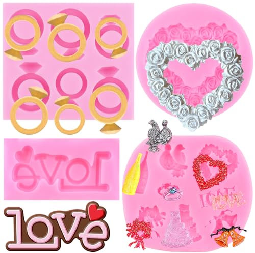 RFGHAC Ring Silicone Mould Heart Rose Wreath Fondant Moulds Love Wedding Chocolate Moulds for Cake Decorating Gum Paste Candy Polymer Clay Set of 4