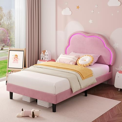 Merax Single Bed Frame, 3ft Single Upholstered Bed with LED-Lighting, Velvet Bed Frame with Adjustable Cute Cloud Headboard, Solid Wood Slat, Pink/90x190cm (No Mattress)