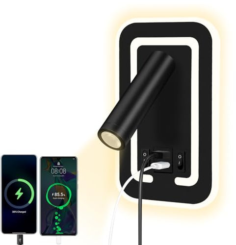 HUIZHOU applique liseuse 3W + 9w LED lampe de lecture, port de charge USB, lampe de chevet rotative 3000k pour chambre à coucher, escalier, couloir, Bureau (Rectangulaire noir)