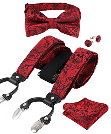 Alizeal Herren-Set mit 6 Hosenträgern, Fliege, Einstecktuch und Manschettenknöpfe, Einfarbig, One size