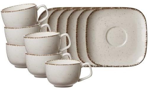 Ritzenhoff & Breker Casa Kaffee-Set 12-teilig, Kaffeetassen (200 ml) mit Untertassen (13 cm) für 6 Personen, Charmanter Vintage-Look mit Unikat-Charakter, Porzellan, Beige