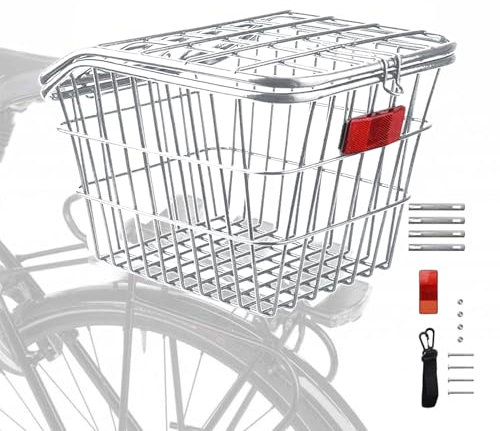 Cesta trasera estable para bicicleta, cesta trasera de metal grande, bordes reforzados, con accesorios de montaje y reflector, plata/negro