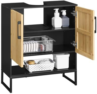 SoBuy Mueble Bajo Lavabo 60 cm con Puertas de Bambú, Estantería Ajustable y Patas Metálicas Armario de Baño Estrecho para Aseos y Baños Pequeños BZR202-SCH