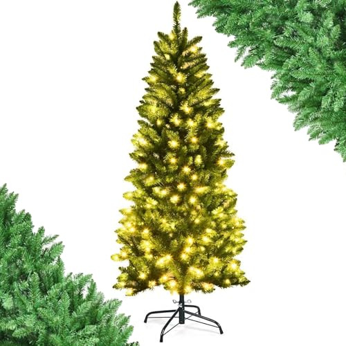 SFAREST 4.5FT/5FT/6FT6.5FT Slim Pre-lit Christmas Tree, Pencil Xmas Tree with Warm White LED Lights, Realistic Fir & Solid Metal Stand, Holiday Christmas Decorations for Home Business Shops (6FT)