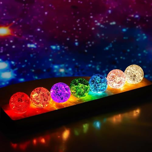 Petyoung 7 Farbige Kristallkugel Nachtlicht, Glaskristallkugeln mit LED-Holzsockel, USB 40mm Glas Kugel, Dekoration für Zuhause, Zimmer und Büro, Weihnachten, Geburtstag Geschenk