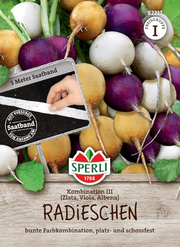 Sperli Radieschensamen Kombination III 82217, Saatband | 3 Sorten, Kräftig-würzig, leicht scharf, bunte Ernte für Dein Gemüsebeet, Pflanzen für 5 laufende Meter, platzfest