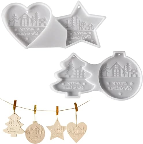 MOLZINY 4 pezzi Stampi in silicone per Natale con ciondolo a forma di albero di Natale a forma di stella per versare stampi in gesso a forma di cuore in silicone per Natale