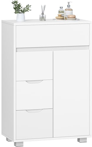 Hzuaneri Badezimmerschrank, Kommode mit 4 Schubladen, Verstellbare Ablage | Aufbewahrungsschrank, Badschrank mit 1 Schranktür, Modern, für Wohnzimmer, Badezimmer, 30 x 55 x 82 cm Weiß SC05503X