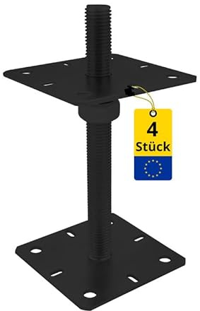 GRUNDLINE - Pfostenträger höhenverstellbar 50 bis 200 mm- 4er Set Pfostenträger aufschrauben - Stützenfuß - Pfostenanker - Aufschraubhülse - Anker - Gewindestange M24-250 mm - Ankerplatte 130x130x4 mm