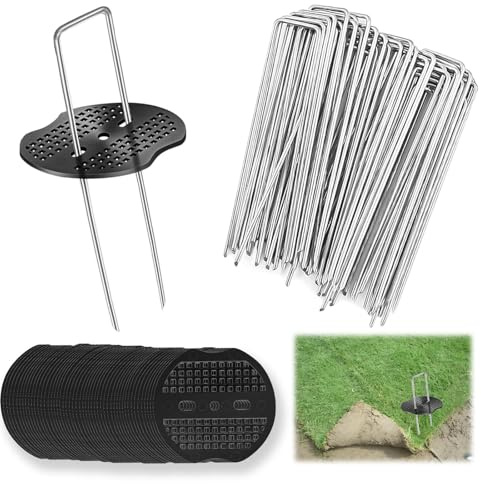 Erdanker Bodenanker,Pack of 50 Ground Anchors + 50 Washers, 150x40mm Ø 3mm, Unkrautvlies Erdanke, Unkrautvlies Haken, U Förmige Bodenanker, Erdnägel aus Stahl im Set zur Befestigung von Unkrautflies