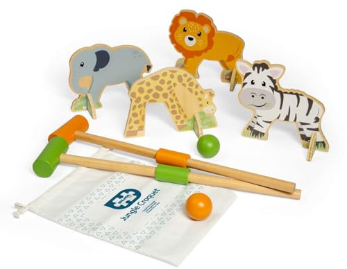 Bigjigs Toys Jungle Croquet, Wooden Outdoor Game with 4 Animal Wickets | 4 Animal Wickets, Indoor or Garden Play, Family Game for Children, Age 3+