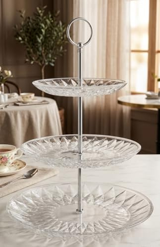 Frutero de Cristal de Tres Pisos – Centro de Mesa Elegante para Frutas y Postres – Torre Decorativa con Niveles de 25, 20 y 15cm – Altura 33cm