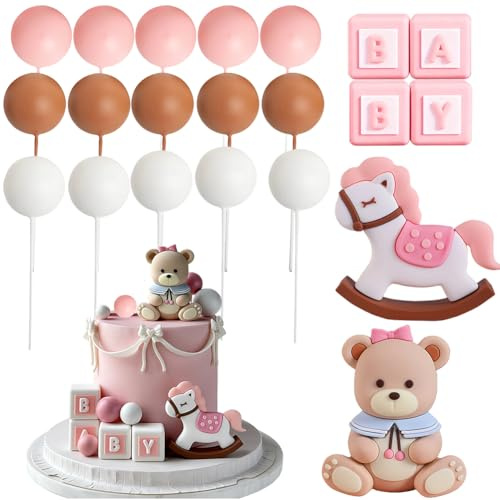 Rosa Decorazione Per Orso, Decorazione Torta Orsacchiotto, Decorazione Della Torta Dell'Orso Battesimo Bimba Decorazioni Per Torte，21 Pezzi (pink)