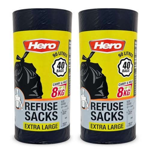 Hero 90L Strong Durable Bin Bag Liners – Extra Large Heavy-Duty Rubbish Sacks, Tear-Resistant Black Refuse Bags (80)