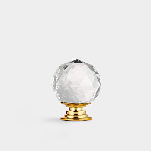 Pushka Home Clear Faceted Crystal Glass Gold Cupboard Door Knob. Standard Screw Supplied That Suits Doors up to 21mm Thick. Longer Screw Available Diameter: 40mm