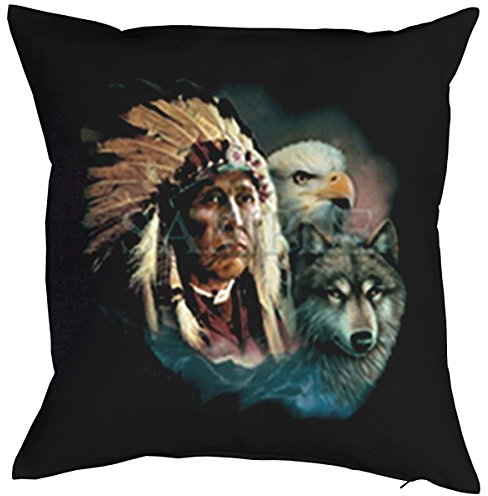 Tolles Indianer Motiv Kissen Sofakissen: Indianer mit Wolf und Adler - Kissen mit Füllung Fb:schwarz