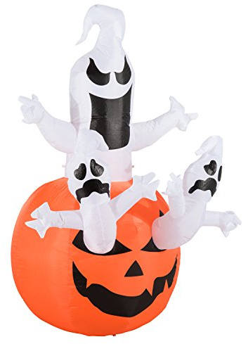 HOMCOM Aufblasbarer Kürbis Geist Gespenst Luftfigur 120x120x180cm | Halloween Deko Figur, mit LED Beleuchtung, Polyester