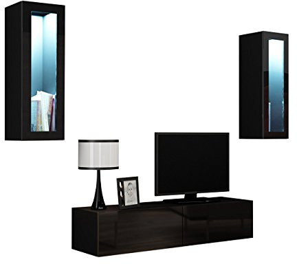 Wohnwand VIGO VIII Anbauwand Modernes Wohnzimmer Set, Farbauswahl, Mediawand, Glasvitrine, Hängeschrank TV-Schrank (ohne Beleuchtung, Schwarz/Schwarz Hochglanz)
