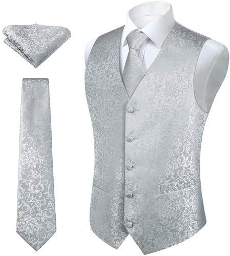 HISDERN Herren FLoral Hochzeit Weste Krawatte Einstecktuch Taschentuch Jacquard Weste Anzug Set