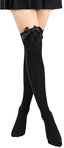 SATINIOR Medias de Lazo de Raso Altas Opacas de Muslo de Mujeres Sobre Rodilla (Negro, 1)