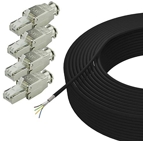 AIXONTEC 50 m Cat.7 Erdkabel Set mit 4 RJ45 Stecker geschirmt LAN Ethernet Netzwerk Kabel AWG 23/1 UV-Beständig Outdoor für Außenbereich und in die Erde – Werkzeugfrei – Selbstmontage