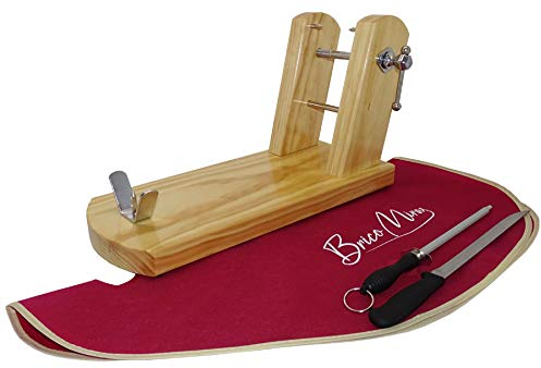 BRICOMIRAS - Jamonero Modelo Rioja Natural | Incluye Cuchillo y Chaira | Fabricado en Madera de Pino | Ideal para Uso Profesional y Doméstico, Natural, Cubrejamón Burdeos