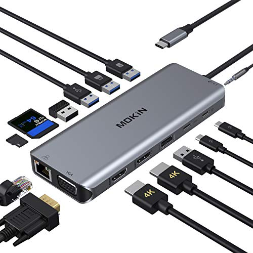 MOKiN USB C Docking Station, 14 in 1 Triple Display USB C Hub Dual Monitor auf Dual HDMI, VGA, Gigabit Ethernet, 5*USB 3.0/2.0, 100W PD, SD/TF Kartenleser, 3.5 mm Audio/Mic für Lenovo Dell XPS usw.