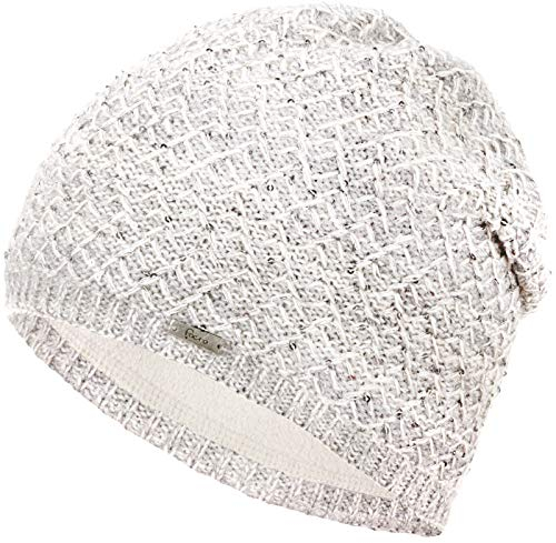 Faera Wintermütze Mütze Damen Pailletten warm gefüttert Wintermütze Mädchen Frauen Fleecefutter Winter Strickmütze Beanie, Farbe:Weiß