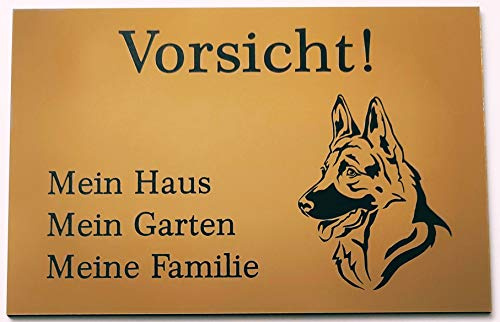 Warnschild Vorsicht Schäferhund Schild Hundeschild Haus Garten Familie Gold (30x20cm Selbstklebend)