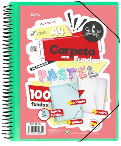 Starplast Dossier Pochettes spiralées flexibles - 100 pochettes transparentes, A4, fermeture élastique, couverture en polypropylène, personnalisable, utilisation scolaire et de bureau - vert pastel